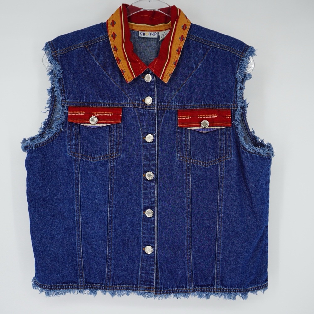 Sun‎ River Denim Vest XL Southwestern Vintage Cowboy Western